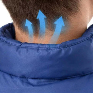 Gobi Heat vest collar with blue arrows indicating heat rising to the neck