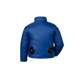 Back view of a blue jacket with two integrated cooling fans at the waist