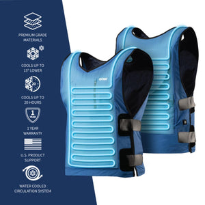 Gobi water cooled vest showing cooling circulation system and product features