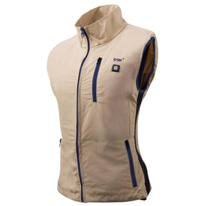 Gobi beige heated vest with blue zipper details and chest logo