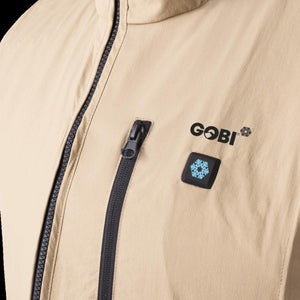 Close up of Gobi heated vest with black zipper and snowflake power button