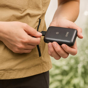 Person holding a black Gobi power bank and connecting a charging cable