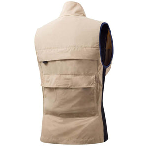 Back view of a beige utility vest with a large rear pocket and dark blue side panels