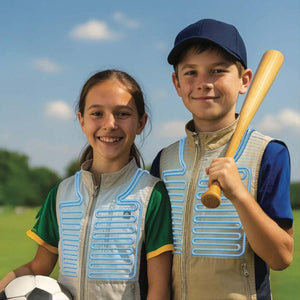 Two children wearing Gobi Heat cooling vests with blue tubing patterns on a sports field
