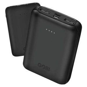 Gobi Heat black portable power bank with two USB ports and LED battery indicator lights