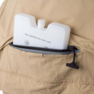 White rectangular ice pack with fill water to this line text inserted into a tan fabric pocket