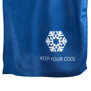 Blue Gobi Heat cooling towel with white snowflake graphic and Keep Your Cool text