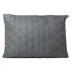 Grey rectangular quilted pillow with a side zipper