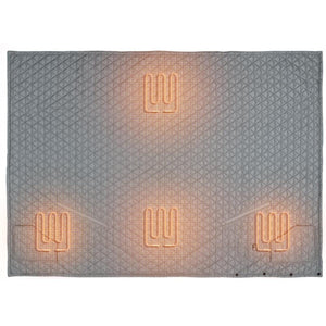 Gobi Heat grey quilted blanket with four glowing orange heating elements visible