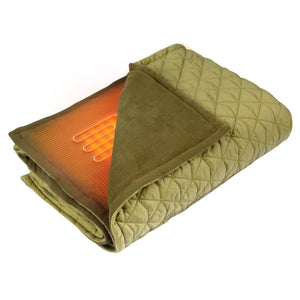 Gobi Heat quilted olive green heated blanket with visible orange heating element grid