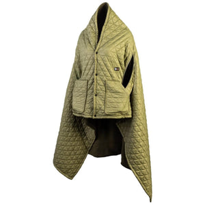 Gobi Heat olive green quilted heated poncho with front pockets and snap buttons