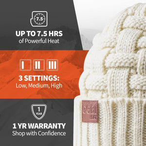Gobi Heat cream knit beanie with icons showing 7.5 hours of heat, 3 heat settings, and 1 year warranty