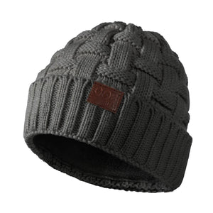 Gobi Heat grey cable knit beanie with a brown leather logo patch