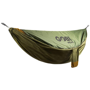 Olive green Gobi Heat camping hammock with black carabiners