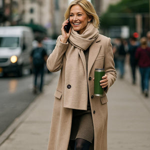 Woman in tan wool coat and scarf walking on city sidewalk holding a green travel mug and talking on a mobile phone