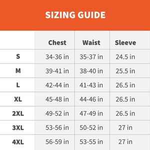 Sizing guide table showing chest waist and sleeve measurements for sizes small through 4XL