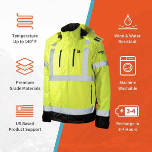 Gobi Heat high visibility jacket with icons highlighting temperature, weather resistance, and care instructions