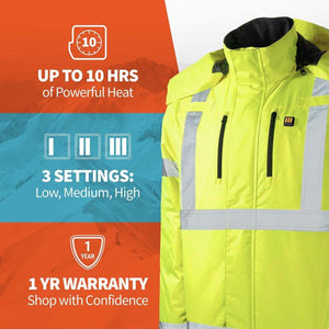 Gobi Heat high visibility jacket features 10 hours of heat, 3 settings, and a 1 year warranty