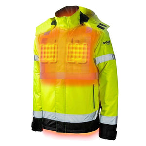 Gobi Heat high visibility yellow work jacket with internal heating elements highlighted in orange