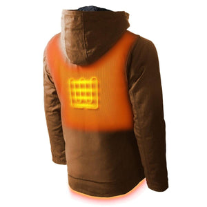 Back view of Gobi Heat brown hooded jacket with glowing orange heating element overlay