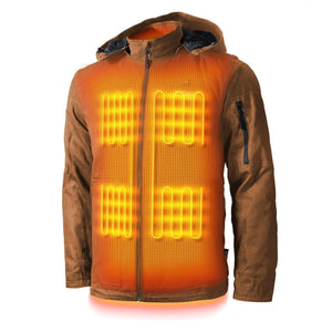 Brown hooded heated jacket with visible internal heating elements