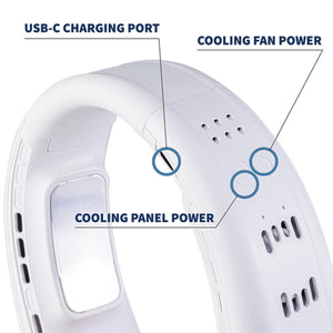 Gobi Heat neck fan showing USB-C charging port, cooling fan power, and cooling panel power buttons