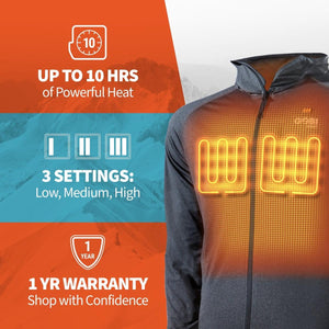 Gobi Heat jacket features 10 hours of heat, 3 heat settings, and a 1 year warranty