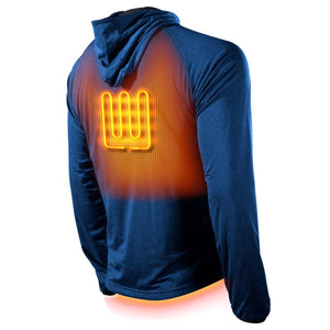 Back view of Gobi Heat blue hooded jacket showing internal heating element grid