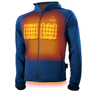 Gobi Heat blue hooded jacket with visible internal heating elements on the chest