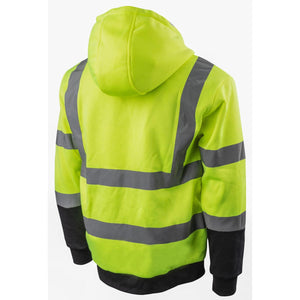 Back view of Gobi Heat high visibility yellow hooded sweatshirt with reflective strips and black cuffs