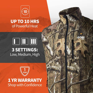 Gobi Heat camo vest featuring 10 hour battery life, 3 heat settings, and 1 year warranty