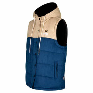 Gobi Heat two tone blue and tan hooded puffer vest with front button closure