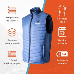 Gobi Heat blue heated vest with icons showing features like 140 degree heat, machine washable, and US support