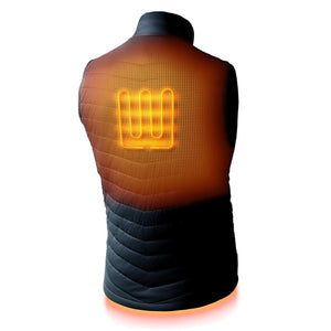 Back view of Gobi Heat black quilted vest showing glowing orange heating element on upper back