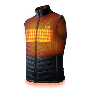 Gobi Heat black and orange heated vest with visible heating elements