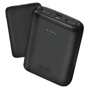 Two black Gobi Heat portable power banks with dual USB ports and LED battery indicators