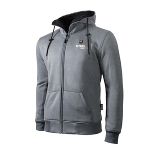 Gobi Heat grey zip up hoodie with black drawstring hood and logo on chest