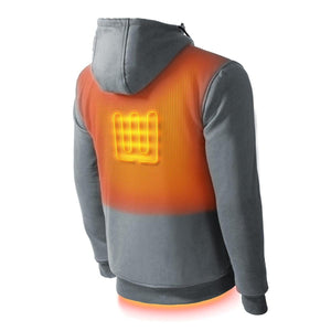 Back view of grey hooded sweatshirt with glowing orange heating element on upper back