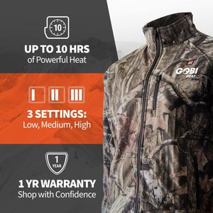 Gobi Heat camo jacket features 10 hours of heat, 3 heat settings, and a 1 year warranty