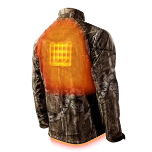 Camo heated jacket showing back heating element grid