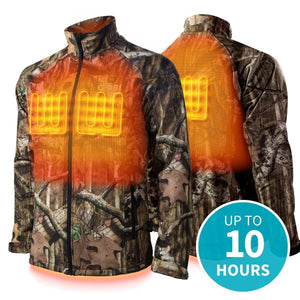 Camo heated jacket showing front and back heating elements with ten hour battery life graphic