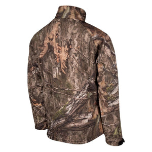 Back view of a camouflage print hunting jacket with a high collar