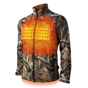 Gobi Heat camouflage heated jacket with visible heating elements on the chest