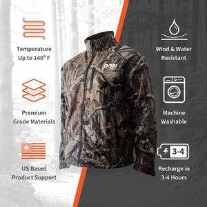 Gobi Heat camo jacket with icons showing 140 degree heat, water resistance, machine washability, and 3-4 hour recharge