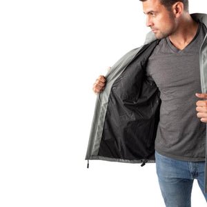 Man wearing a grey jacket showing the black interior lining