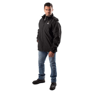 Man wearing a black Gobi Heat heated jacket with blue jeans and black boots