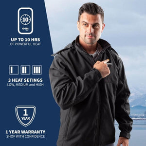 Man wearing Gobi Heat jacket with 10 hour battery life, 3 heat settings, and 1 year warranty