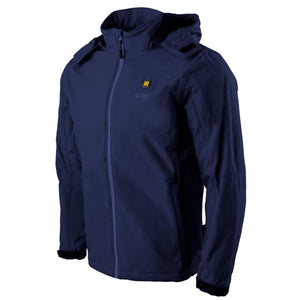 Gobi Heat navy blue softshell hooded jacket with front zipper and chest power button