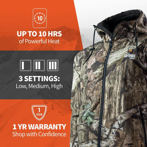 Gobi Heat camouflage jacket with 10 hour battery life, 3 heat settings, and 1 year warranty