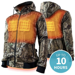 Camo heated hoodie with visible heating elements and 10 hour battery life graphic